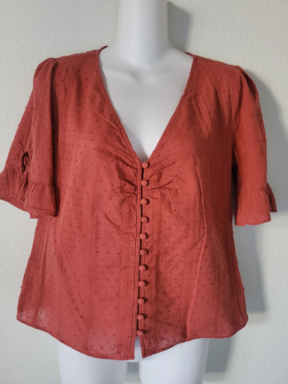Madewell Women's Rust Red Button-Front V-Neck Blouse Size 6